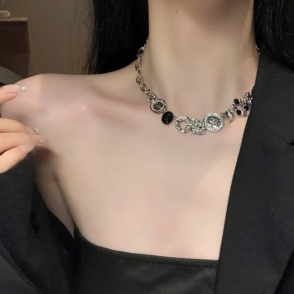 铜合金项链 手工甜酷风纽扣项链女锁骨链项圈choker颈环黑色项链