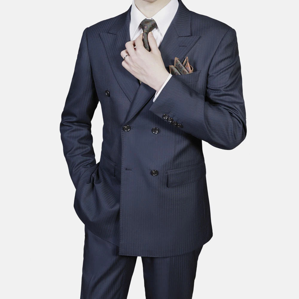 【质感全羊毛套装】2025藏青色双排扣暗条纹男士西装套装修身西服