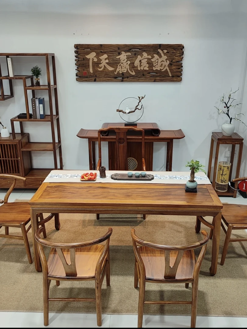 马蹄桌三件套】南美胡桃木全实木新中式茶桌餐桌办公桌