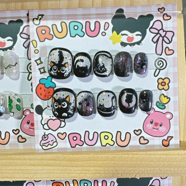 黑喵——RURU纯手工手捏立体平面猫眼手绘可爱卡通穿戴甲