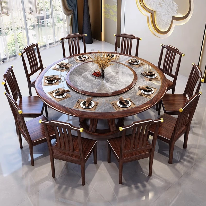 新中式实木餐桌椅组合圆形2m家用岩板圆桌转盘轻奢乌金木饭桌12人