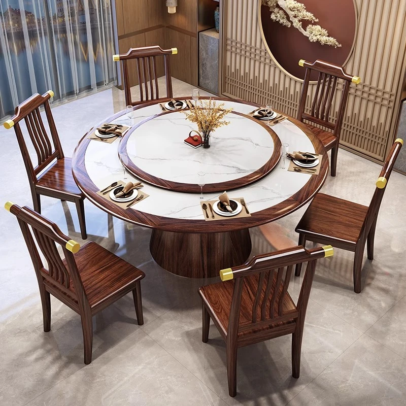 新中式乌金木色内嵌岩板实木餐桌椅组合桌家用餐桌带转盘高端圆桌