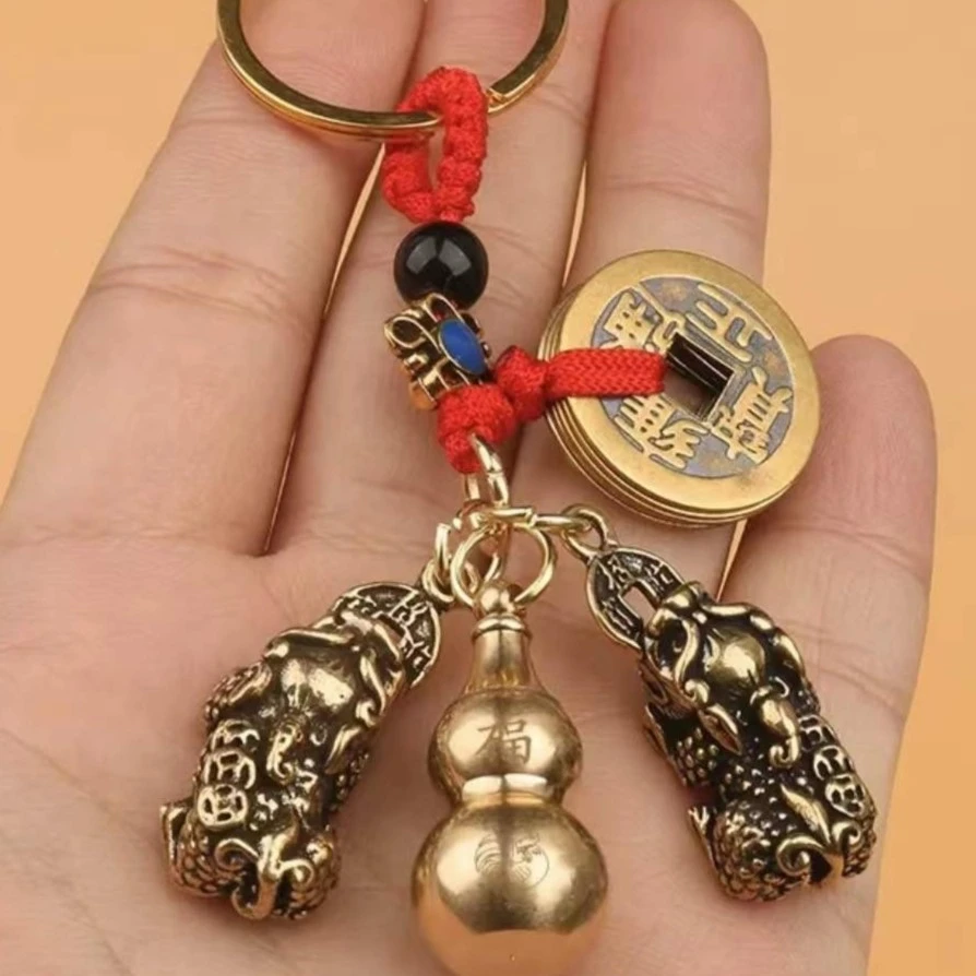 祺祥复古双貔貅钥匙扣男女腰挂编织挂件纯黄铜创意汽车钥匙扣