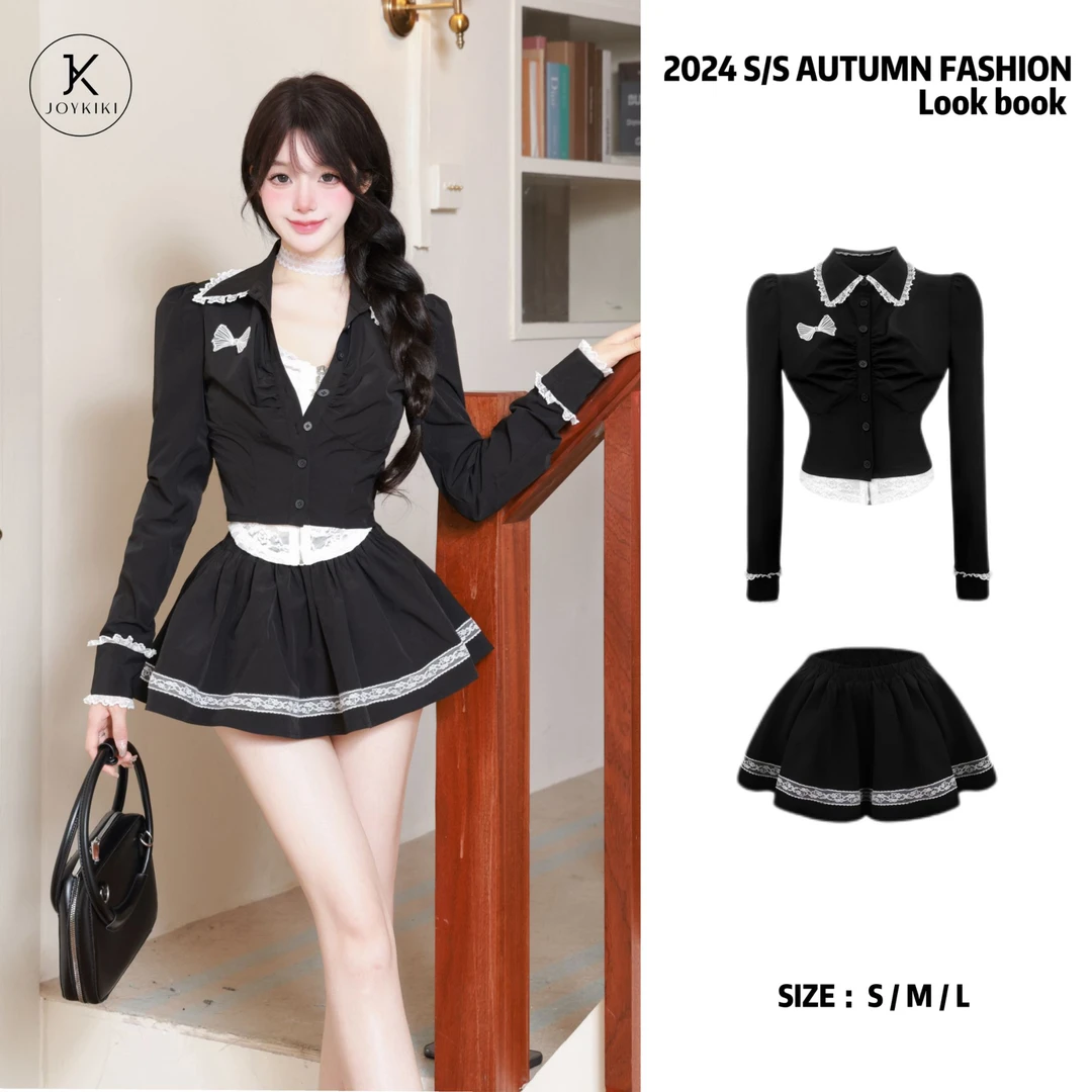 JOYKIKI金金【韩漫女高】秋季学院时尚辣妹纯欲蕾丝拼接套装J24C289