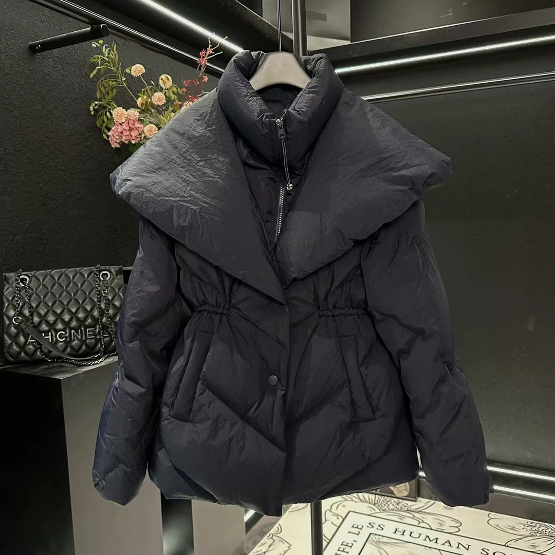 2024冬季新款藏蓝色韩系高级感大翻领加厚保暖羽绒服外套女冬