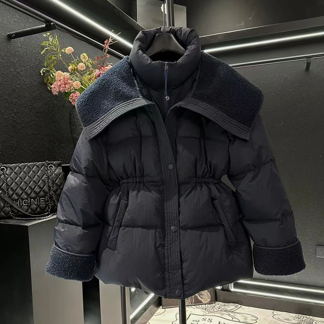 2024冬新款假两件羽绒服女大翻领拼接羔毛外套白鸭绒收腰修身上衣