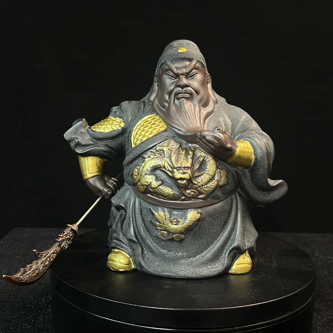 紫砂关羽关公茶座茶盘柜子桌面摆件（长15.5cm宽10cm高16cm)