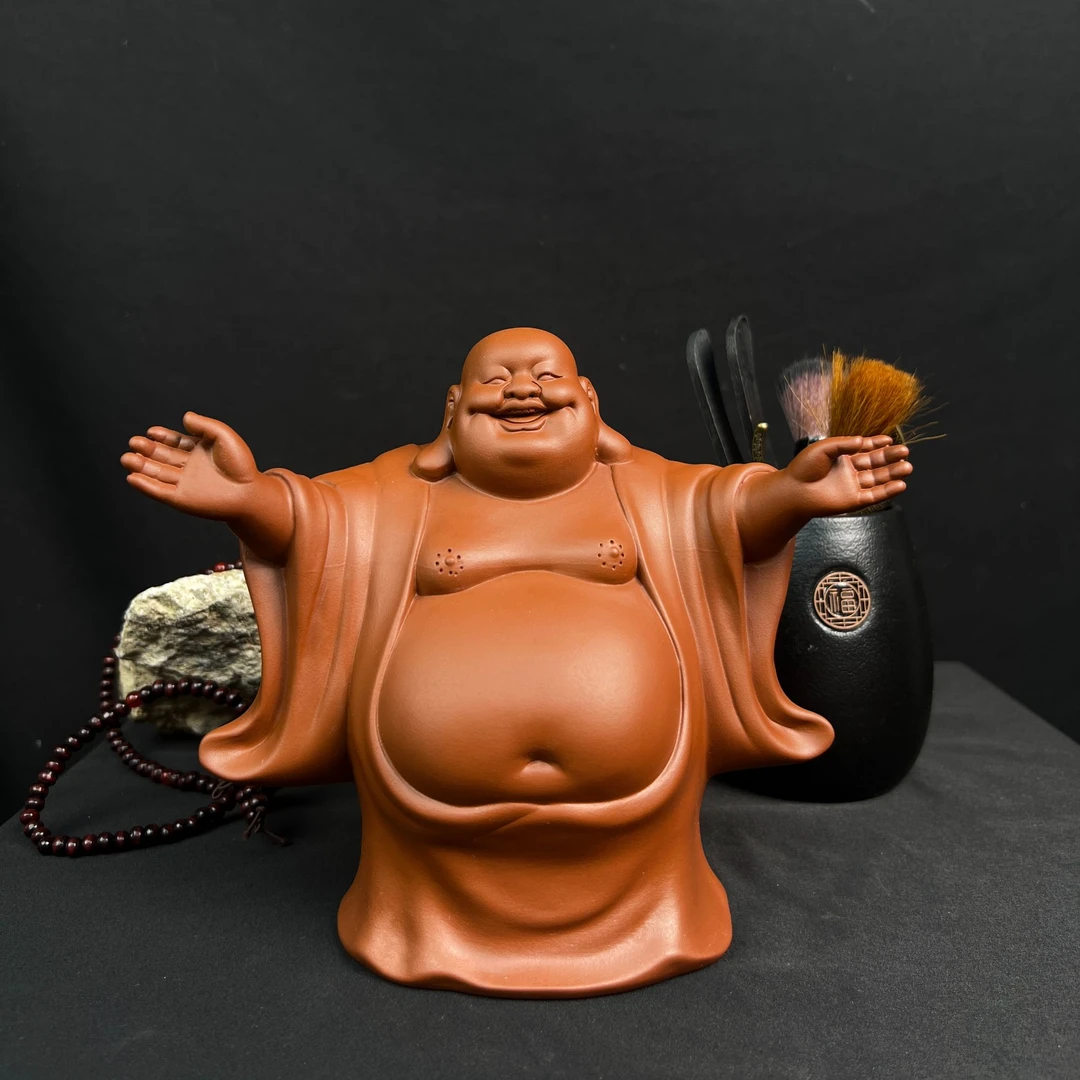 紫砂朱泥双手弥勒佛茶座茶盘柜子桌面摆件