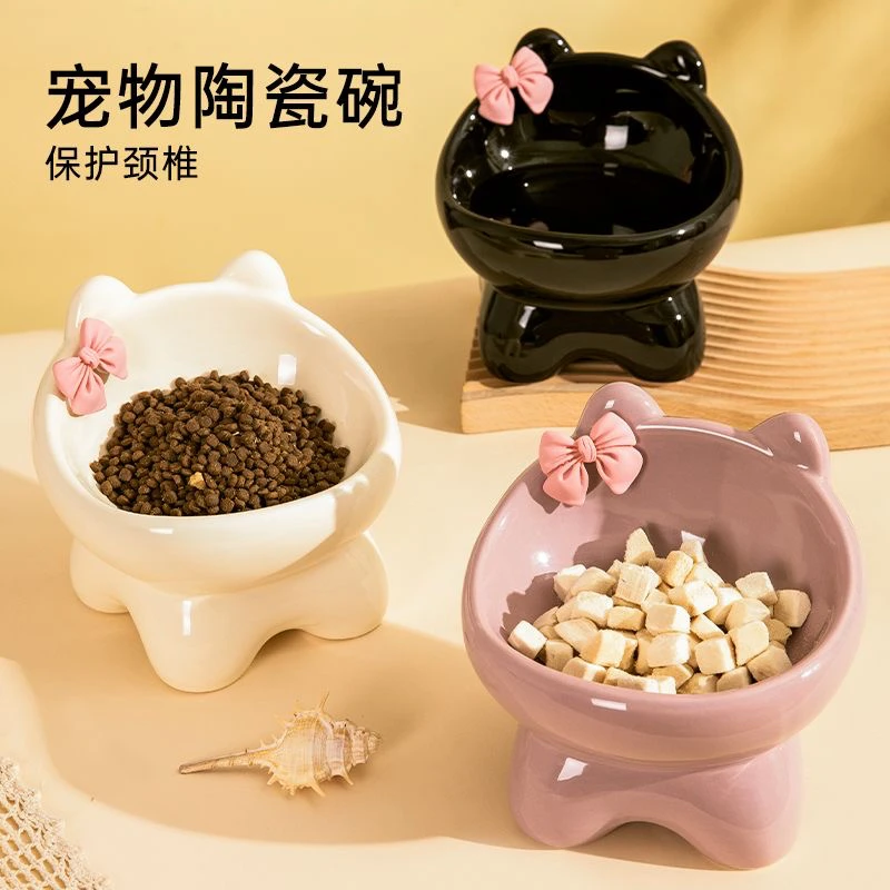 猫碗陶瓷猫食盆猫咪饭碗喝水碗防黑下巴防打翻高脚斜口猫咪护颈碗