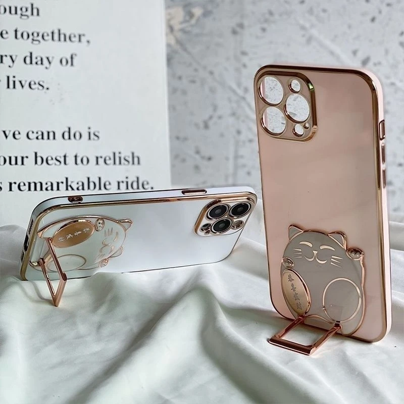 招财猫电镀手机壳支架 桌面折叠支架卡通创意懒人手机ins折叠支架