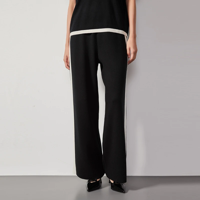 东黎 桑蚕丝山羊绒 东黎 女士针织黑白阔腿裤显瘦微喇阔腿裤4227
