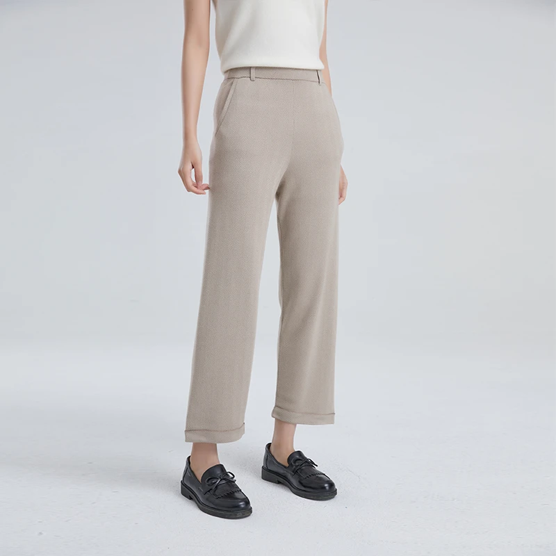 东黎 桑蚕丝山羊绒 女士针织人字纹系列套装烟管裤舒适九分裤3056