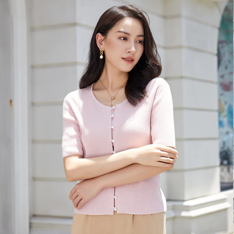 丝绒款 东黎羊绒 女士春夏季圆领珍珠扣开衫短袖薄款时尚针织衫