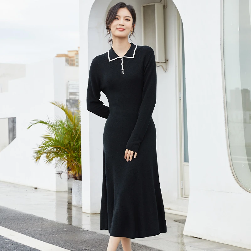 东黎 桑蚕丝山羊绒 撞领秋冬女士针织气质时尚连衣裙优雅长袖3058