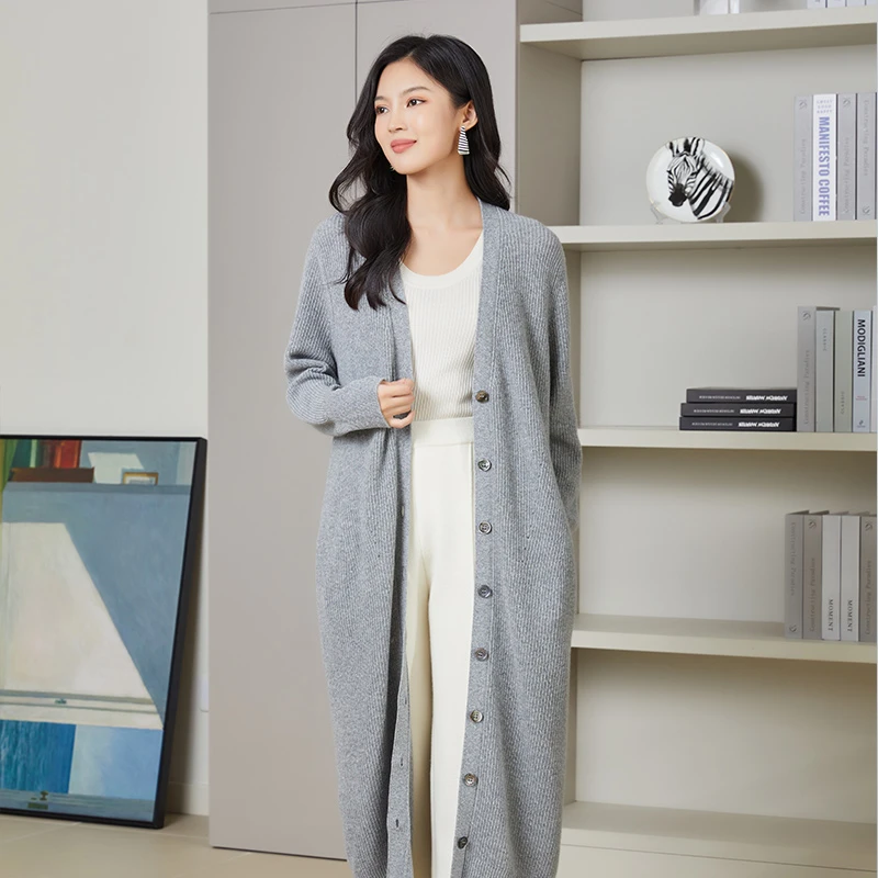 东黎 小山羊绒 女士秋冬针织V领细抽条百搭开衫宽松中长款3115