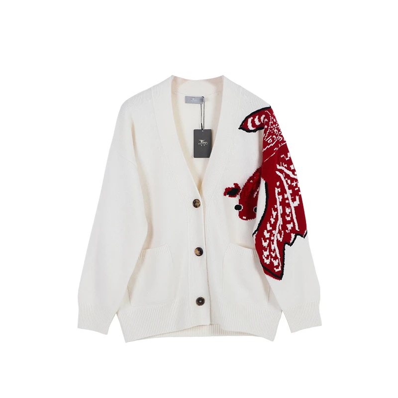 东黎•山羊绒 女士秋冬针织开衫提花锦鲤款休闲时尚GDRW-21C273