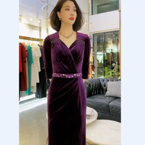 1768-60喜妈妈紫色亮钻连衣裙修身礼轻奢时尚气质高贵显瘦晚礼服