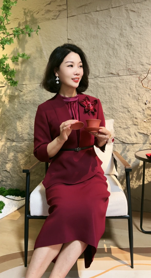 2240-11女装连衣裙气质时尚酒红色喜妈妈喜婆婆礼服国风显瘦优雅