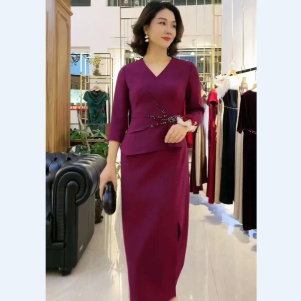 0035-喜妈妈喜婆婆春季新款轻奢v领显瘦气质礼服婚礼中长款连衣裙