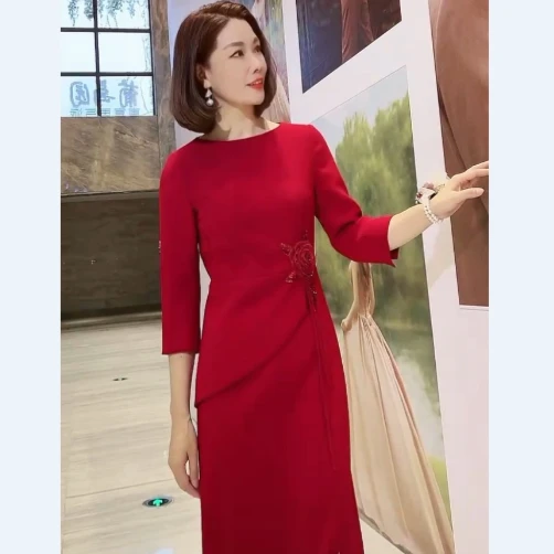 0020-喜妈妈连衣裙连衣裙时尚洋气秋季秋款气质高端女装修身礼服