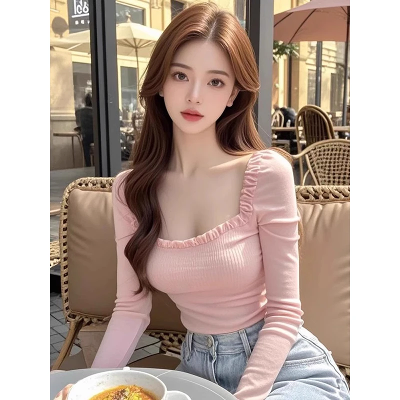 秋冬德绒甜辣妹粉色方领长袖磨毛加厚内搭设计感褶皱修身绝美上衣
