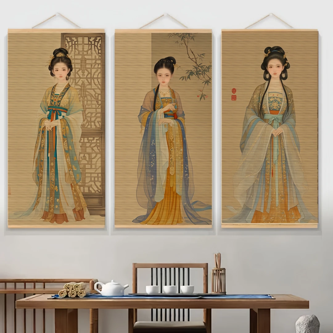 仕女图竹编工艺画古韵禅意茶室书法中式装饰竹帘画民宿中医养生