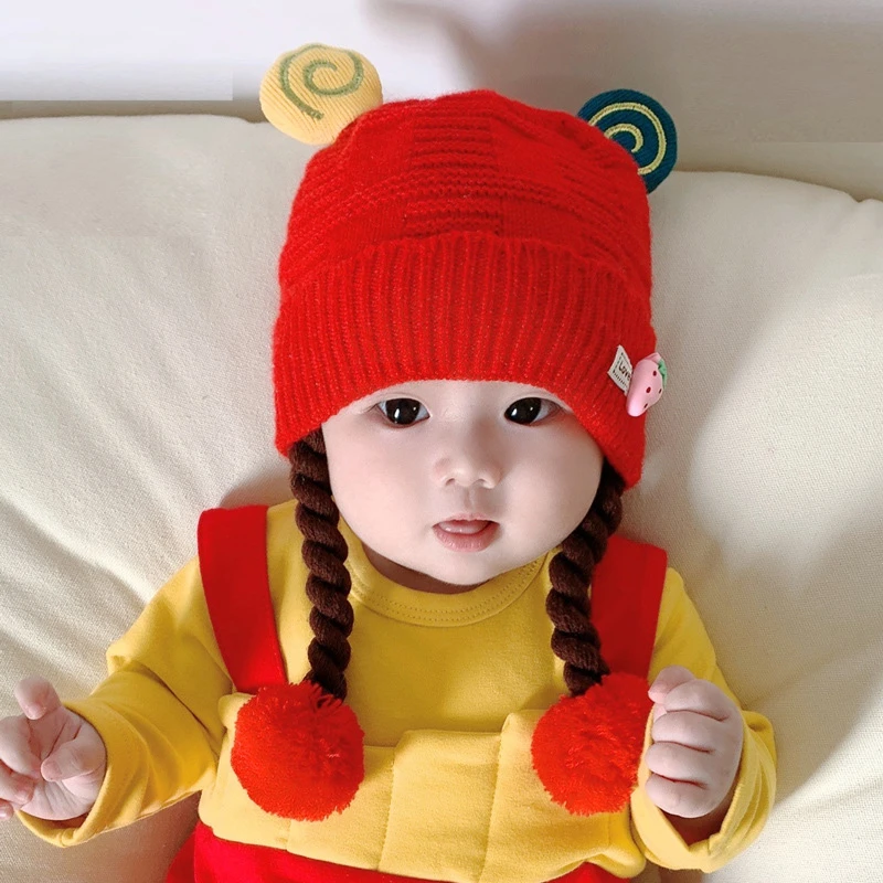 秋冬季宝宝帽子护耳毛线针织可爱假发婴幼儿套头保暖超萌防风加厚