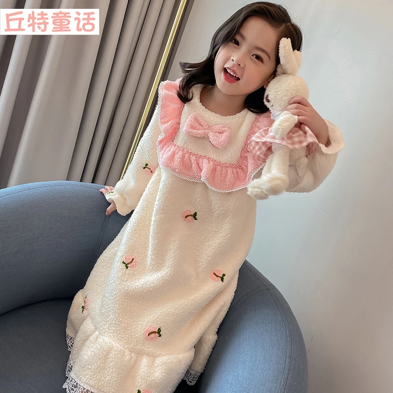女童秋冬长袖睡裙儿童冬季珊瑚绒法兰绒公主宝宝家居服小女孩睡衣