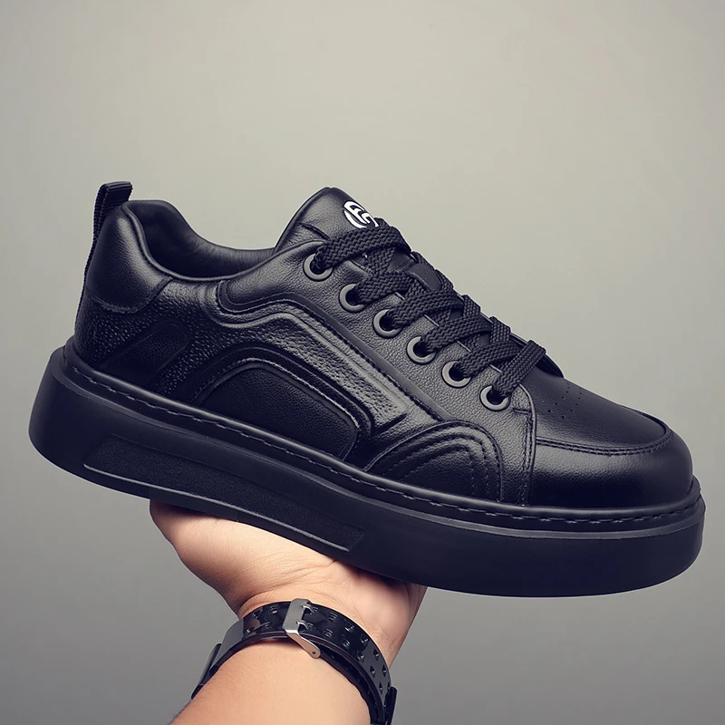 头层牛皮真皮板鞋男时尚韩版透气低帮鞋系带平底男休闲鞋潮黑色