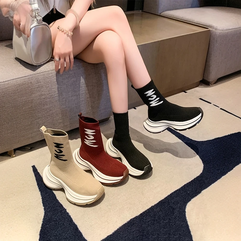 GC-高帮鞋女2024新款秋季弹力瘦瘦飞织袜靴厚底休闲针织马丁短靴