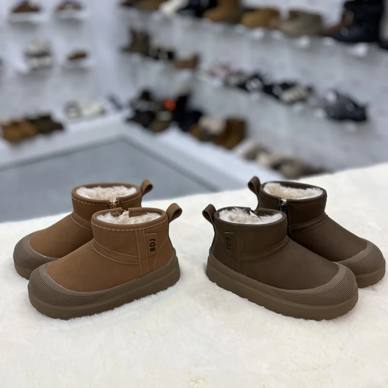 真皮防水免打理雪地靴加厚大棉鞋男童女童鞋子防滑保暖秋冬短筒