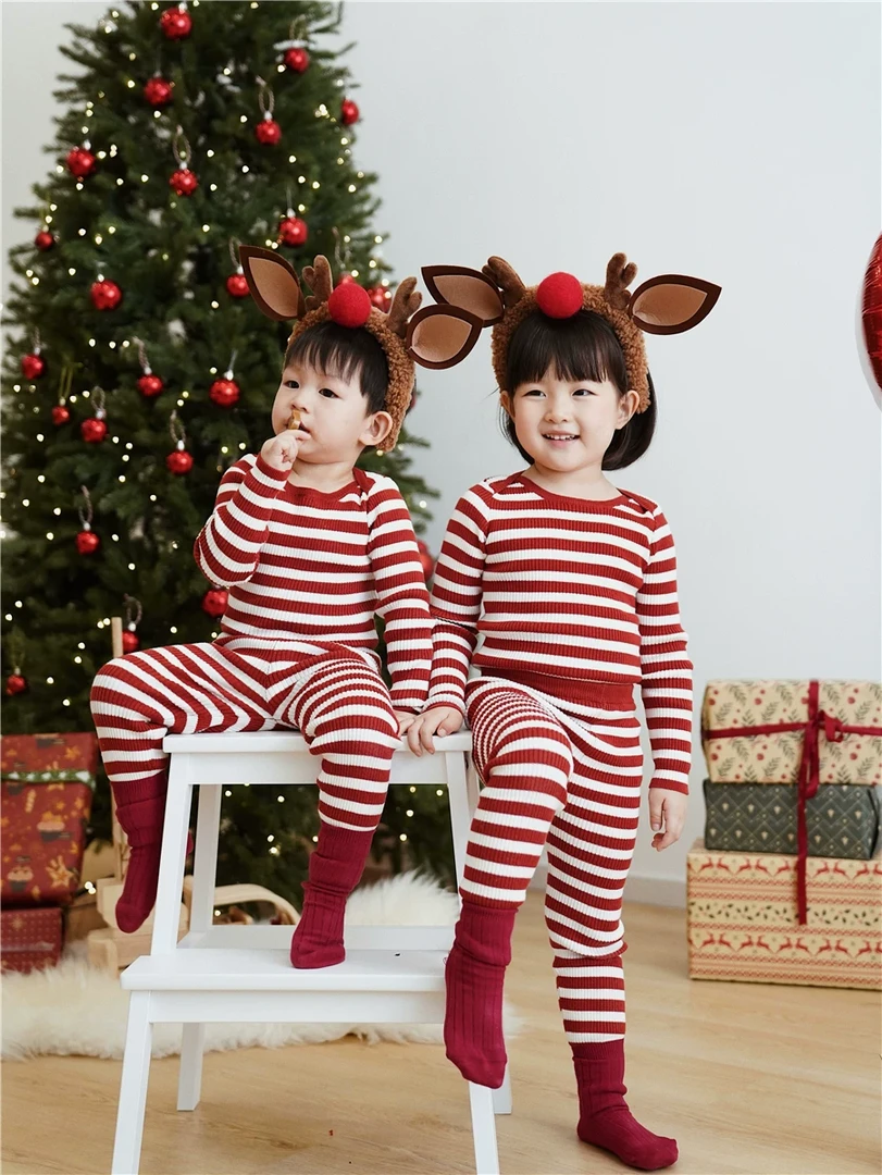2024秋冬儿童针织打底衫婴幼儿条纹家居服套装男女童圣诞新年毛衣