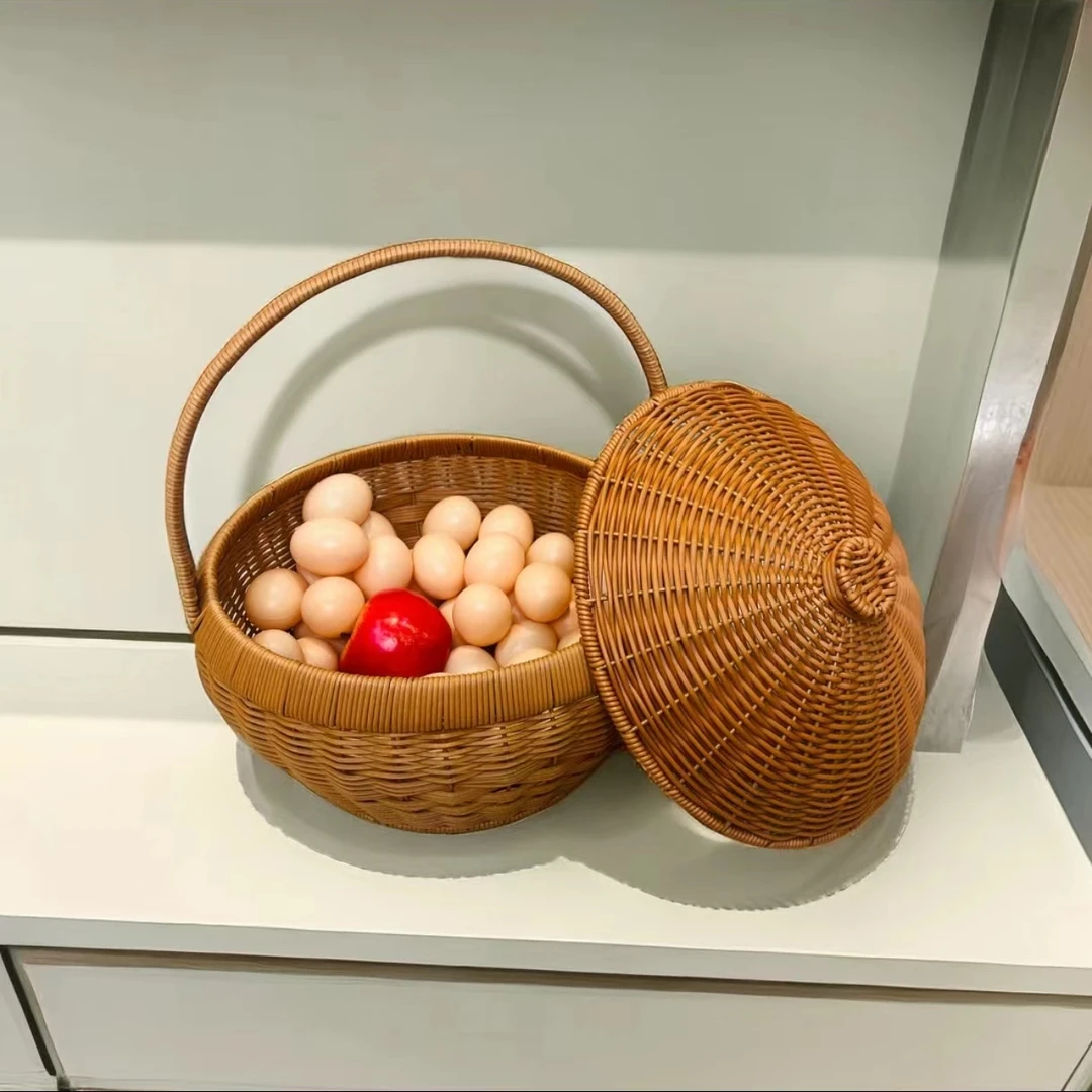 纯手工仿藤编织圆形带盖鸡蛋提手篮收纳筐创意圆形篮藤编客厅家用