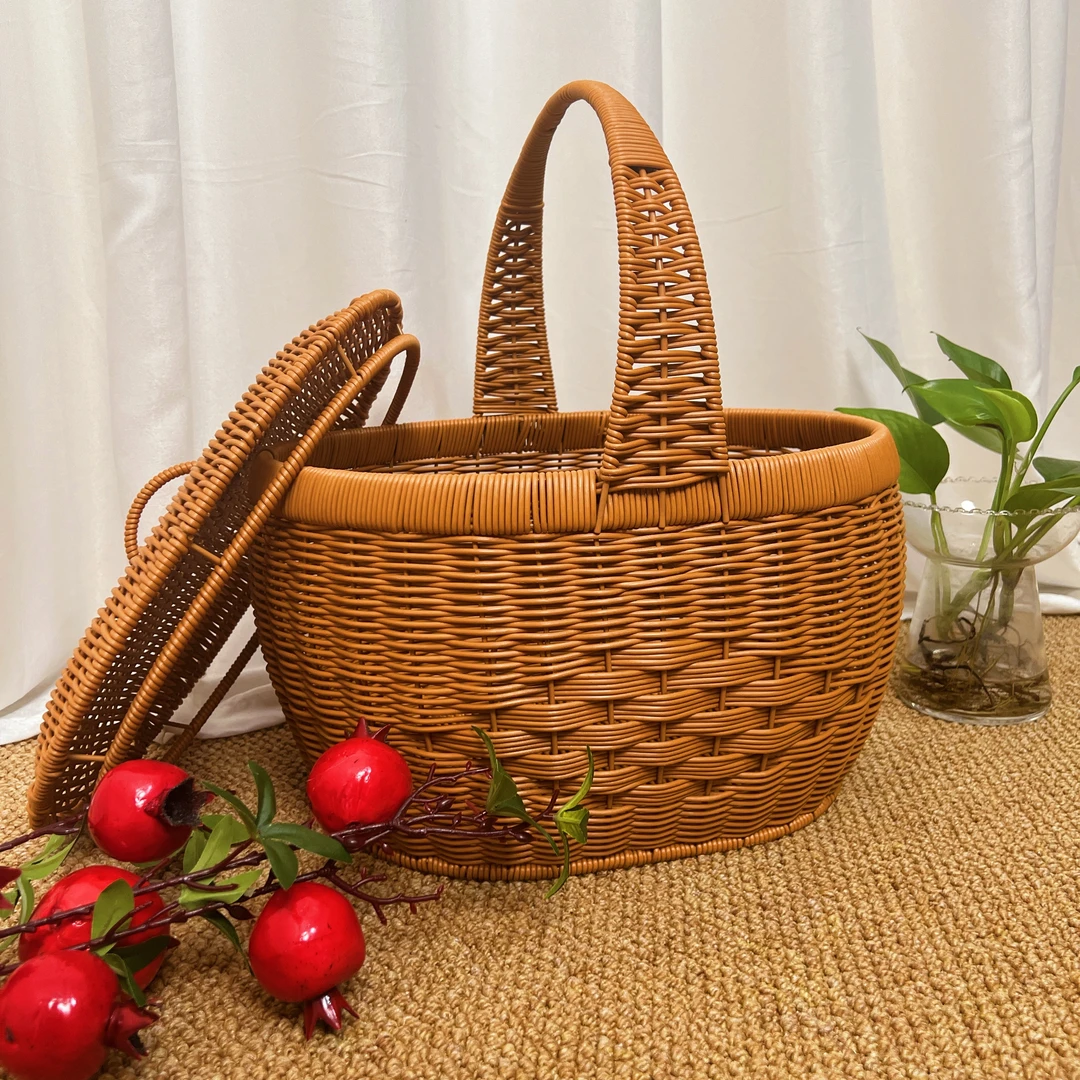 纯手工编织仿藤编带盖提手篮收纳篮买菜储物复古置物篮户外野餐篮