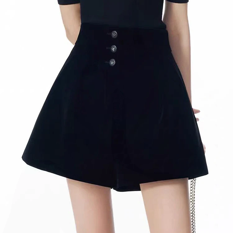 黑色高腰丝绒短裤女秋冬新 通勤复古风A字裤 百搭微喇阔腿裤