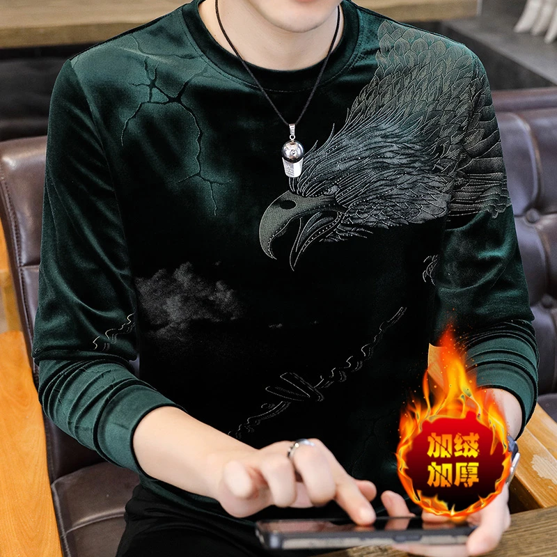 圆领卫衣男士春秋季新款宽松金丝绒长袖T恤时尚印花打底衫男冬装