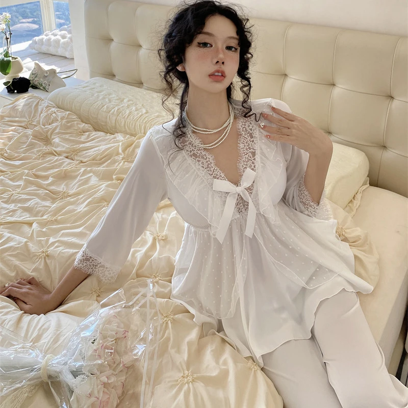 仙女风甜美睡衣女套装2024年春秋季新款薄款宽松蕾丝网红家居服