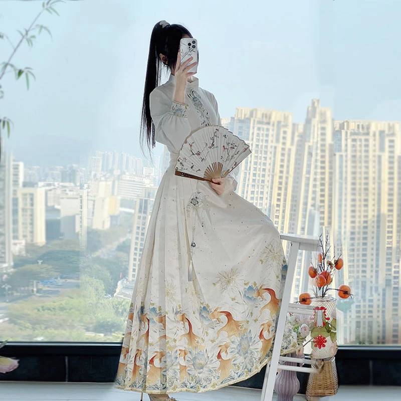 烟芷情原创汉服女【鱼影花香】明制曹县马面裙飞机袖缎面春夏秋全套