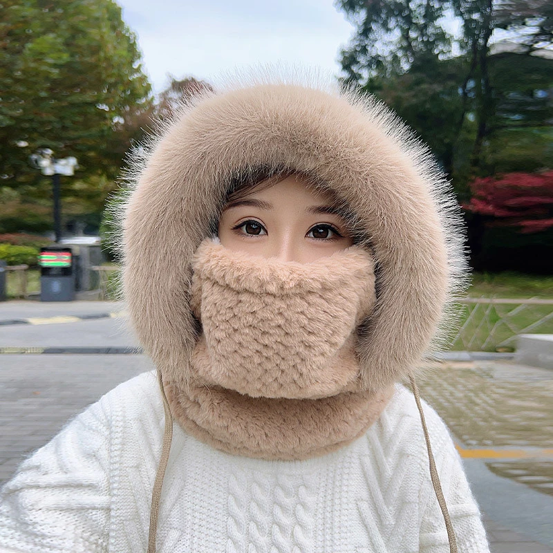 毛绒面罩围脖一体帽子女士冬季加厚防风防寒保暖户外骑车护脸头套