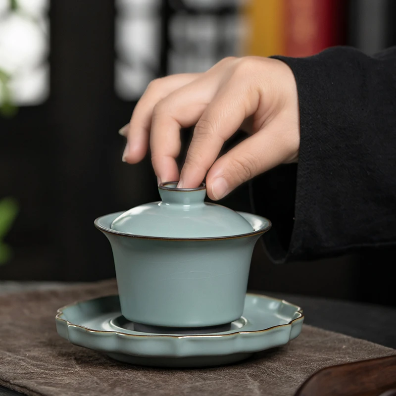弘茗道 铁胎汝窑盖碗 仿古天青色 大底托壶承三才泡茶碗 家用陶瓷