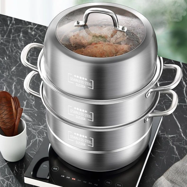 蒸锅304不锈钢家用三层加厚大号蒸笼馒头笼屉蒸鱼电磁炉煤气灶用