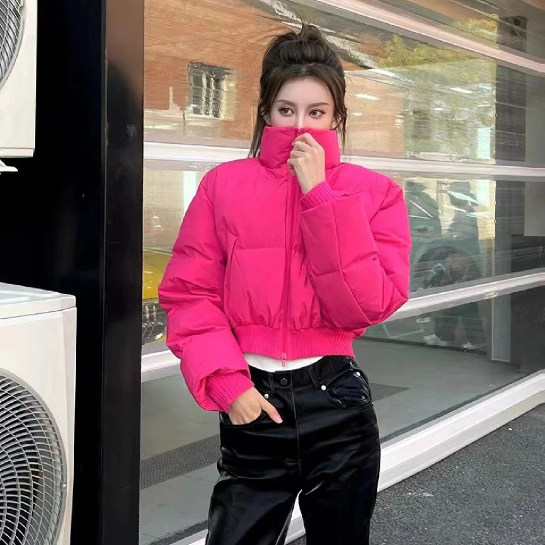 网红加厚玫红色棉服女新款短款小个子设计感小众时尚洋气保暖棉袄