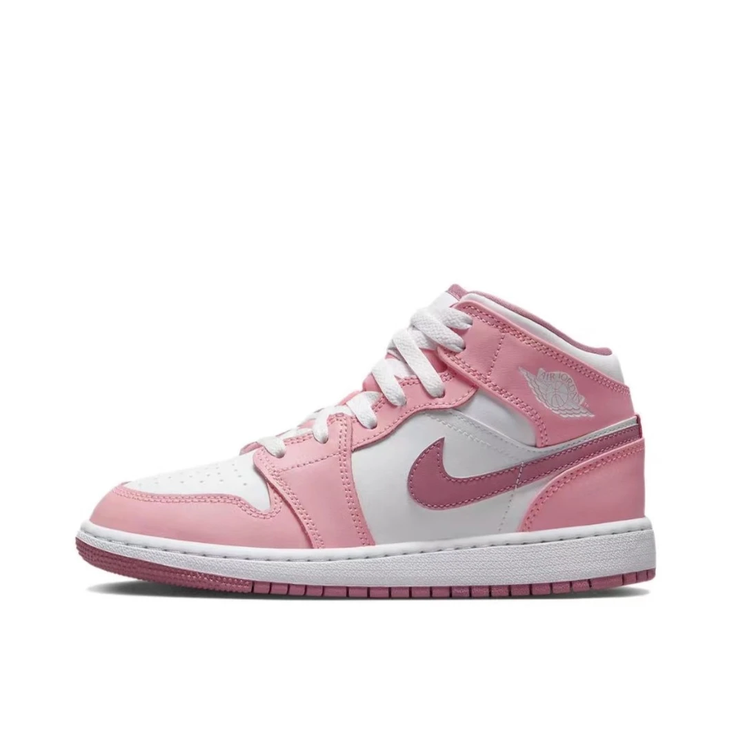 NIKE耐克Jordan Air1 减震防滑耐磨中帮篮球鞋 GS 粉白DQ8423-616
