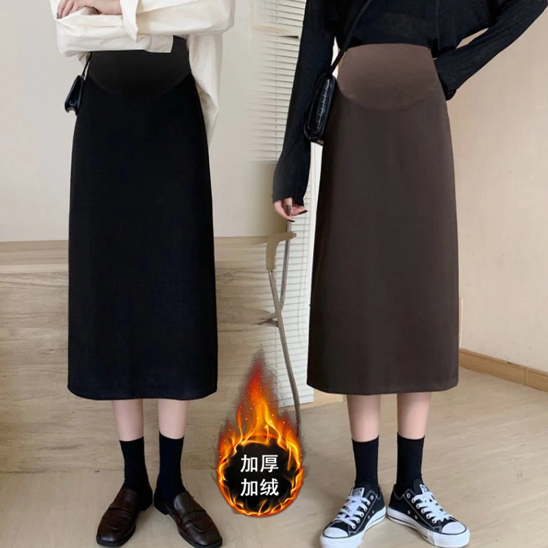 孕妇装秋冬加绒加厚毛呢半身裙女冬季高腰托腹中长款开叉包臀裙子