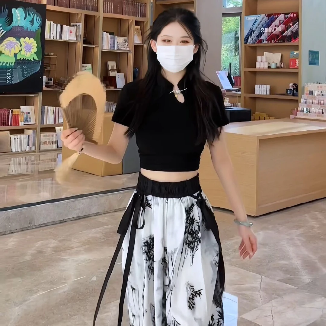 上衣~新中式国风旗袍领气质轻熟风辣妹高级感短袖t恤女夏修身显瘦