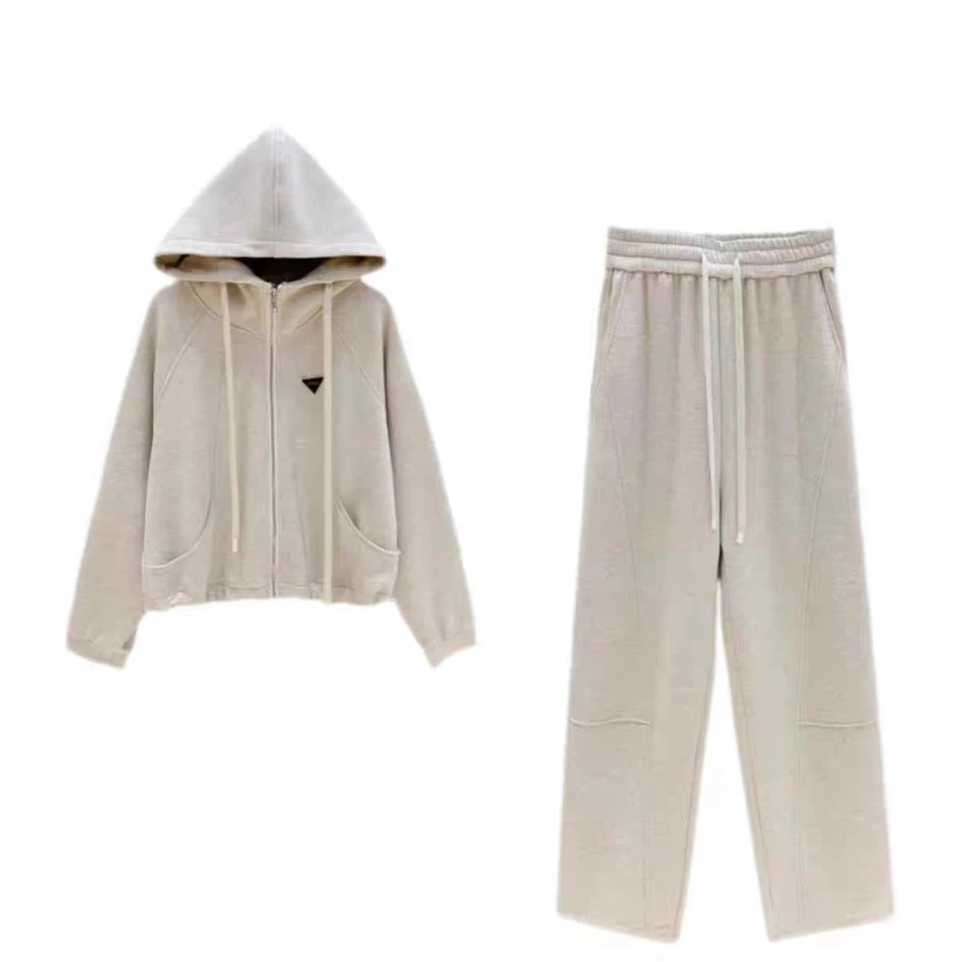 2024加绒秋冬新款设计人字纹连帽卫衣时尚套装宽松休闲运动两件套