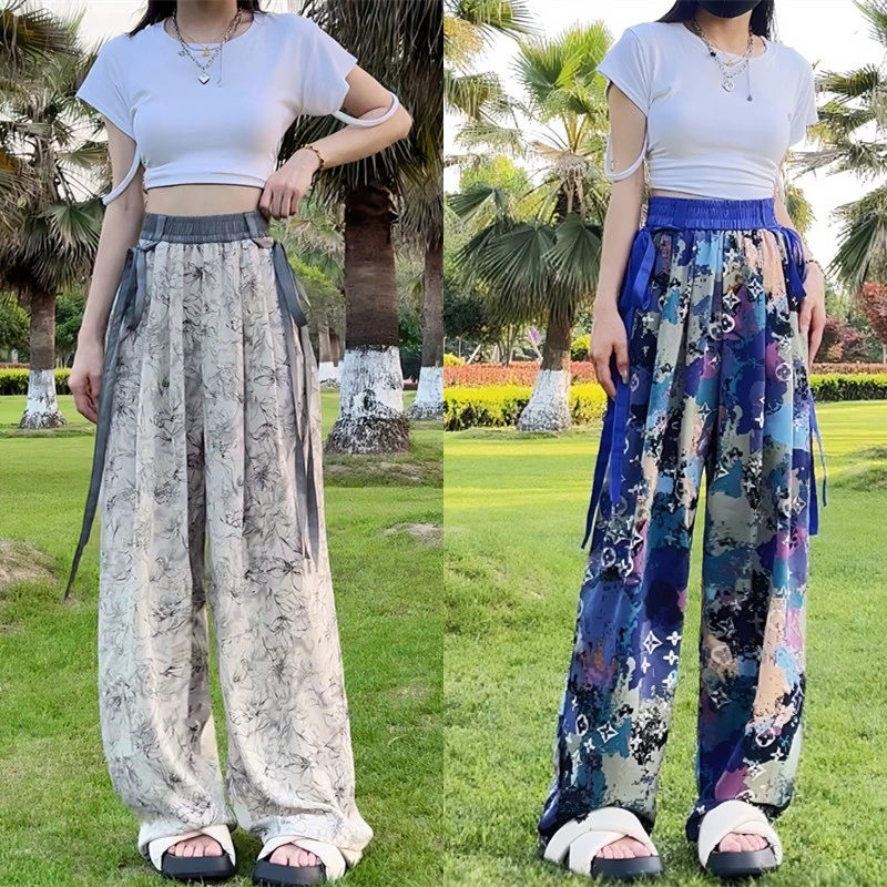 新品~雪纺阔腿裤女高腰垂感夏季薄款宽松直筒拖地休闲凉凉冰丝裤
