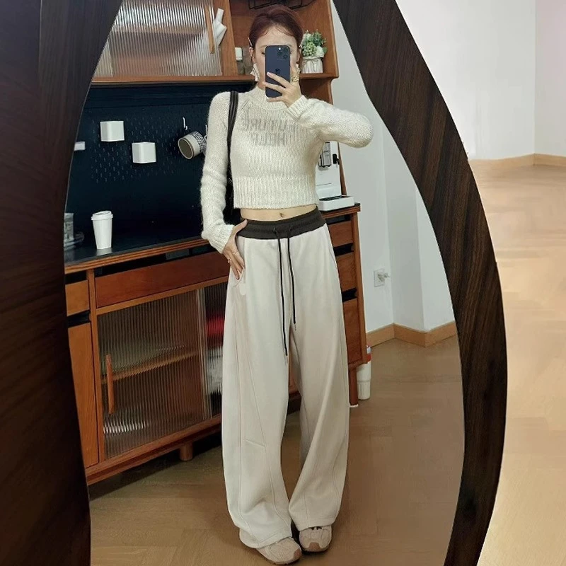 韩版撞色拼接腰头休闲裤女秋冬新款加绒加厚宽松显瘦阔腿鸡蛋裤