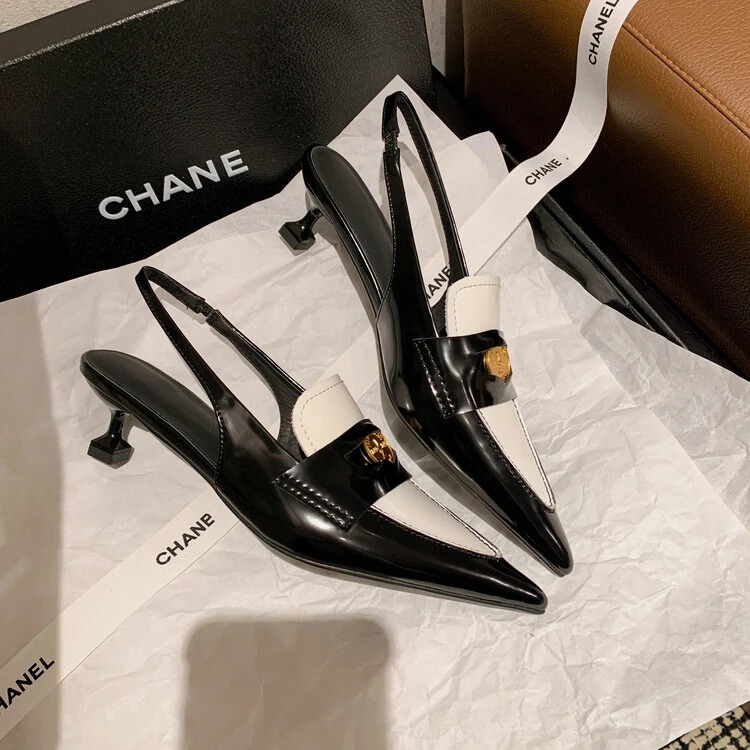 法式复古金币拼色猫跟包头凉鞋女春夏小众气质百搭性感尖头高跟鞋