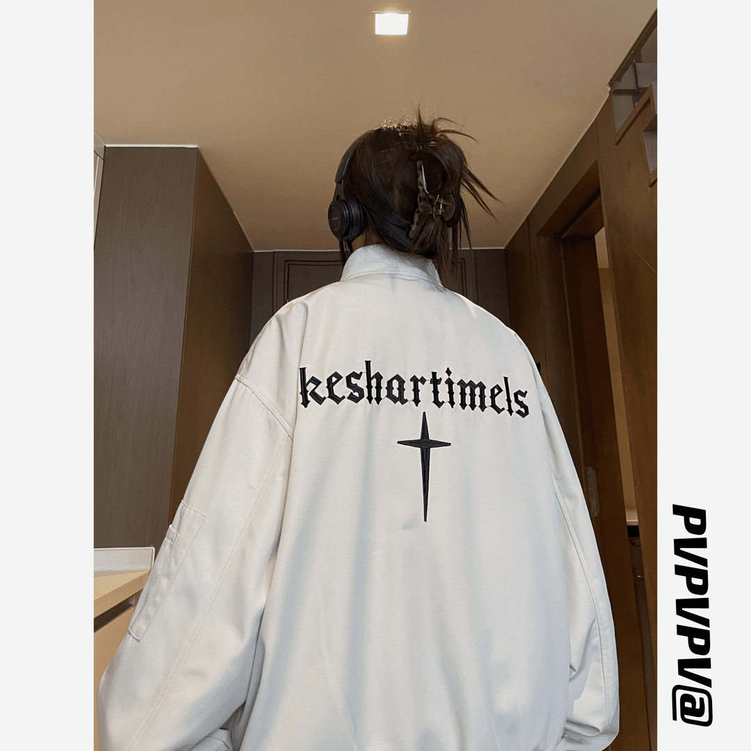 美式潮牌刺绣外套男春秋季高级感痞帅夹克青少年休闲宽松翻领衣服